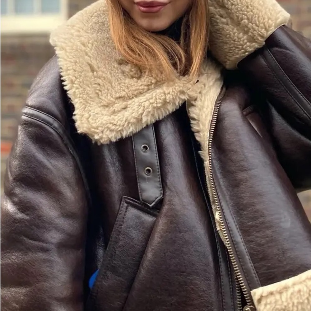 Influencer Famous Aviator Faux Sherling Faux Leather Buckle Moto Coat Jacket - Picture 11 of 14